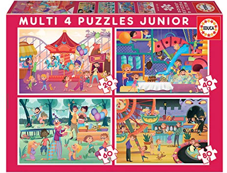 Educa 18601, Im Vergnügungspark, 4 x 20/40/60/80 Teile Puzzle, 4in1 Puzzleset für Kinder ab 5 Jahren