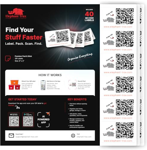 Elephant Trax QR Code Labels for Storage Bins – 40 Smart QR Code Stickers, Scannable QR Labels for Tote Bins, Moving Box Labels, Home Organization, Packing Supplies & Inventory Tracking