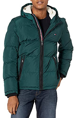 Tommy Hilfiger Men's Hooded Puffer Jacket, Green Poly Tech, XXL