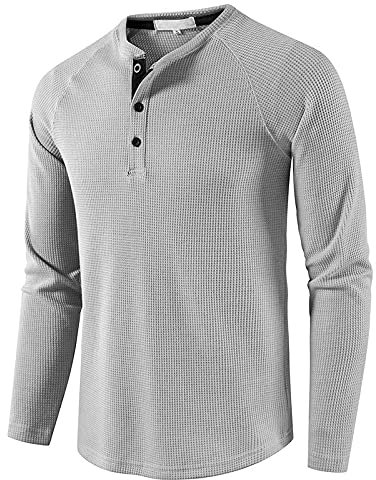 Mens Henley Shirt Long Sleeve Button Collarless Henley Tops Casual Smart Slim Fit Solid Color Waffle Grandad Shirts 3 Buttons Grandad Collar Classic Lightweight Basic Top Plain LightGrey L