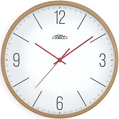 PRIM Holz-Wanduhr in schönen Farben, Helles Holz&Weiß, Quarz-Uhrwerk Sweep, Glas, Holz, Ø 305x40 mm, Modern Style Wand-Deko Naturmaterial, für Wohnzimmer, Schlafzimmer, Büro, Küche, jeden Raum