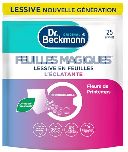 Dr. Beckmann FEUILLES MAGIQUES Lessive en feuilles L'ÉCLATANTE | Format pré-dosé, pratique et léger | 100% hydrosoluble, facile à utiliser et ranger | 25 feuilles