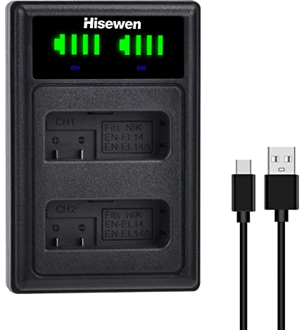 Hisewen EN-EL14 EN-EL14a Battery Charger, USB Dual Charger for Nikon D3200, D5600, D3100, D3500, D3400, D3300, DF DSLR, Coolpix P7800/P7700/P7100/P7000 Camera