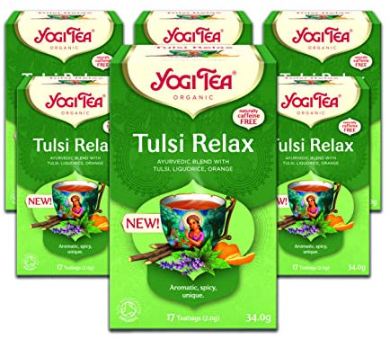 Yogi Tea, Tulsi Relax, Organic Herbal Tea, Naturally Caffeine Free, Blend of Tulsi, Liquorice and Orange, 6 Packs x 17 Tea Bags (102 Teabags Total)