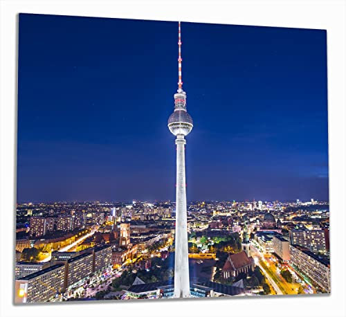 Wallario Herdabdeckplatte/Spritzschutz aus Glas, 2-teilig, 60x52cm mit 8mm hohen Füßen, für Ceran- und Induktionsherde, Fernsehturm Berlin bei Nacht