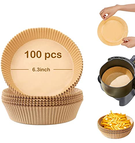 HIUOUIH Papel para Freidora de Aire 100 Piezas Redondo Papel Horno Freidora Aire 16 cm Desechable sin Aceite Antiadherente para 3-6L Freidoras Aire y Microondas Sartén
