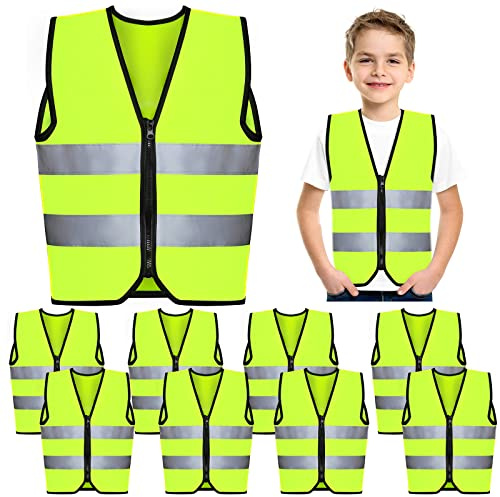 Unittype 10 Pcs Kids Safety Vest Bulk High Visibility Reflective Neon Traffic Vest with Zipper for Aged 3-10 Children(Fluorescent Green)