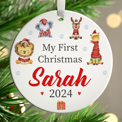 Personalised Baby's First Christmas Bauble Tree Decoration, Jungle Animal My 1st Christmas Ornament, New Baby Son Daughter Christmas, Lion Elephant Giraffe Design With Gift Box