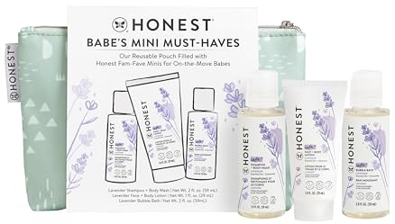 The Honest Company Babe's Mini Must Haves Gift Set Travel Size Hypoallergenic Lavender Bathtime Essentials Shampoo Body Wash (2 fl oz) Face Lotion (1 Bubble Bath