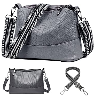 KUNKUN Handtasche Damen Umhängetasche Grau Mit Breiter Gurt Moderne Schultertasche Klein Leder Crossbody Bag Damen Mit 3 Austauschbaren Breiten Und Dünnen Schultergurten