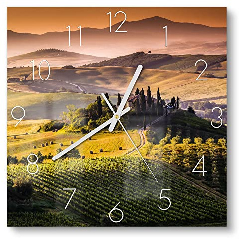 DEQORI Glasuhr | 30x30 cm | Motiv Toskana Panorama | ausgefallene leise Design Uhr aus Glas | Wanduhr für Wohnzimmer & Küche | moderne Hingucker Uhr für die Wand
