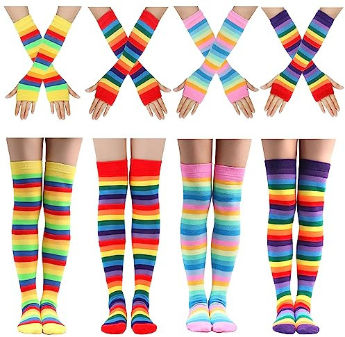 Ibeauti 8 Pcs Womens Striped Knee High Socks Stockings Y2K Goth Knitted Long Arm Warmer Fingerless Gloves Set, 4-rainbow Color, M