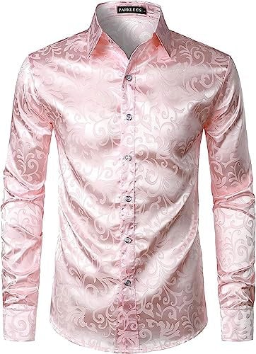 PARKLEES Men's Luxury Jacquard Long Sleeve Dress Shirt Slim Fit Satin Slik Like Floral Printend Shirts for Wedding Party PZLCL27-Pink L