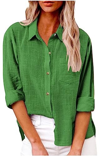 AMhomely Green Blouse for Women UK Elegant Button Down Blouse Long Sleeve Cotton Linen Blouse Lapel Oversized T Shirts Business Office Tee Tops Blouse Ladies Plus Size 8 10 12 14 16 18 20 22 Green L