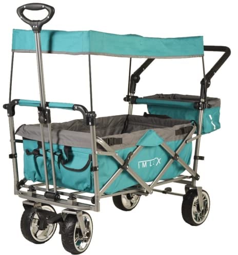 IMLEX Bollerwagen faltbar mit Dach IM-4268 Türkis | Hohe Stabilität, 1X 3-Punkt Gurtsystem | Handwagen klappbar mit Schiebegriff ideal für 2 Kinder