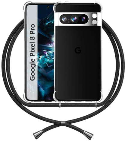ANFAIRLACE Coque Compatible avec Google Pixel 8 Pro Cordon, Transparente Étui Lanyard Anti Jaune TPU Housse Clear Case Shockproof Cover, Noir