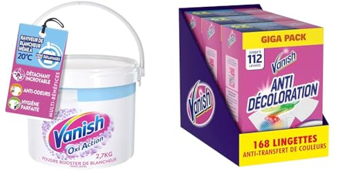 Vanish Oxi Action Booster de Blancheur - Détachant Textile & Raviveur de Blancheur - Poudre efficace dès 20° - Pot de 2,7 Kg+Vanish Lingettes Anti-Décoloration - Pack 3x56 Lingettes Détachantes