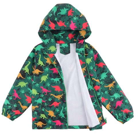 LACOFIA Veste Imperméable Enfant Garçon Veste Coupe Vent à Capuche Blouson de Pluie Léger Doublé de Maille pour Enfant Dinosaure Vert 5-6 ans