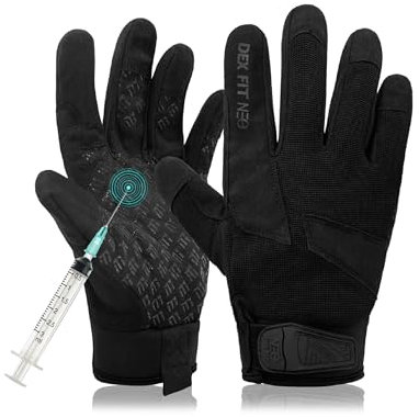 DEX FIT Stich- & Nadelresistente Handschuhe NPG420 - Stahl-Lagen, Fester Griff, PU-Lederpatch, Touchscreen, Bequeme & Robuste Arbeitshandschuhe für Polizei, Airsoft; Schwarz M 1 Paar