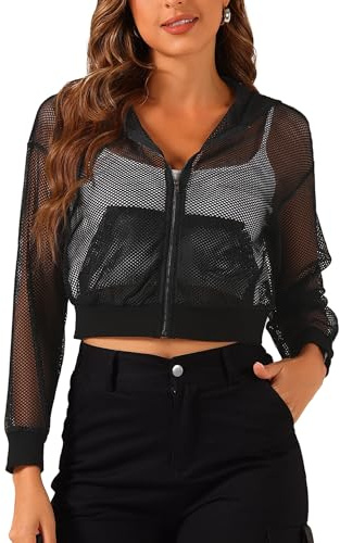 Allegra K Damen Kapuzenjacke Reißverschluss Durchsichtige Bomber Netzstoff Jacken Schwarz S