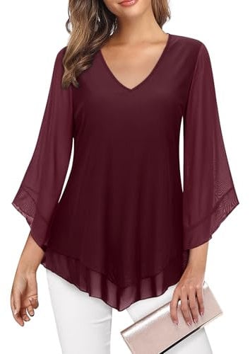 Gemulate Ladies Red Wedding Tops Womens Chiffon Top Womens Blouses Ruffle 3/4 Sleeve Tops for Women UK Double-Layered Tunic Top Loose Flowy Shirts Party Top for Women UK - Dark Red, XL