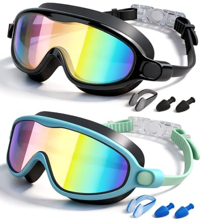 Rantizon Kids Swim Goggles 2 Pack, Wide View Swimming Goggles for Child 3-15, Anti Fog&UV No Leaking Goggles for Boys Girls
