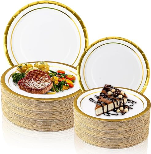 Malloom 100 Pieces Gold Rimmed Paper Plates, Elegant Fancy Heavy Duty 9 Inch Dinner Plates & 7 Inch Dessert Plates, Disposable Party Plates Bulk for Wedding, Birthday, Baby Shower - Serves 50 Guests