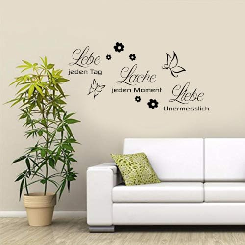 Lebe jeden Tag Wandtattoo - Inspirierende Dekoration mit positiven Botschaften für Wohnzimmer & Büro | Schwarze Schrift & Blumenmotiv (57x120cm)