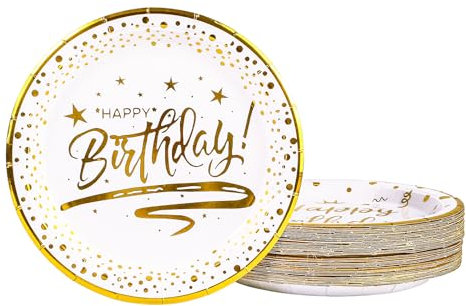 50 pièces Assiette Jetable Anniversaire 23cm, Blanc Assiettes en Carton Vaisselle Jetable Anniversaire pour Barbecue Anniversaire Fête Douche de bébé Mariages (Anniversaire Blanc, 23cm)
