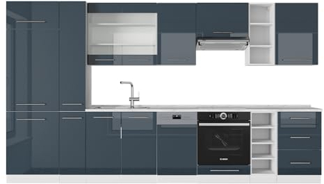 Vicco Küchenzeile Fame-Line, Dunkelblau Hochglanz/Weiß, 355 cm, AP Marmor