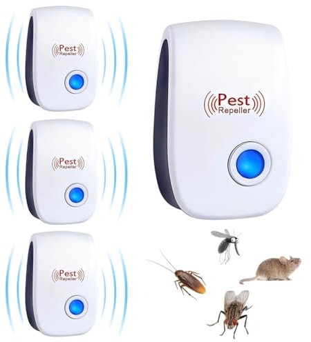 Repelente Ultrasónico de Plagas, 4 Pack Electrónico Repelente Mosquitos Insectos Control de Plagas, para Interiores Anti Ratones,Cucarachas, Moscas,Mosquitos, Arañas