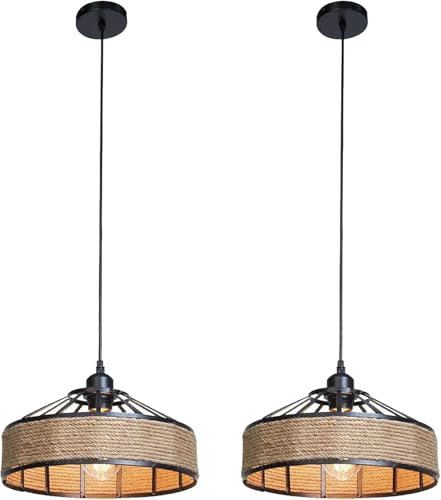 LEDSone Industrial 2 Pack Metal & Rope Pendant Light Shade, 30cm Retro Hemp Black E27 Ceiling Fitting with Adjustable Hanging Suspension lamp for Living Room, Bedroom, Kitchen.