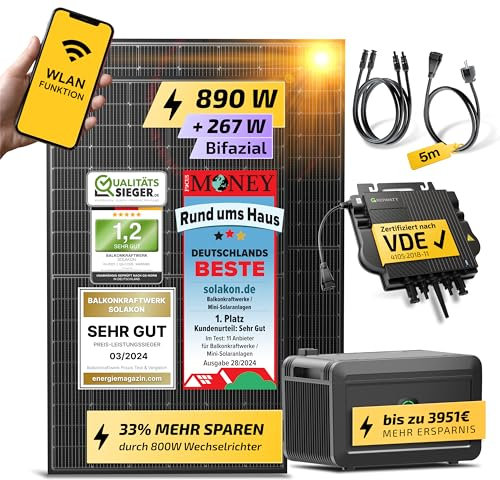 Solakon® 900W Balkonkraftwerk mit Speicher - Balkonkraftwerk 800W komplett Steckdose - neuester 800 Watt Wechselrichter - Growatt NOAH 2000 mit 2 kWh - 450W bifaziale Solarmodule