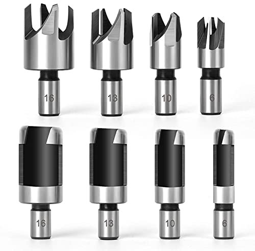 8pcs Standard Wood Plug Cutter Set, Wood Dowel Maker Hole Tenon Carbon Steel Metric Shank Drill Bit Set, Taper Round Claw Type Saw HSS Cork for Woodworking Tool- 6mm 10mm 13mm 16mm