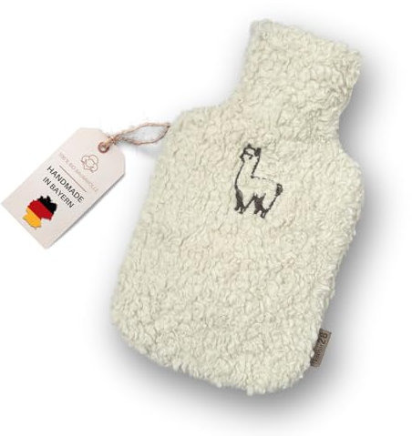 kontor28 - kuschelige Alpaka TEDDY Wärmflasche mit Bezug aus weicher 100% Bio-Baumwolle, handgefertigt Made in Germany, auslaufsicher, geruchlos und schmerzlindernd für Kinder/Erwachsene - 0,8 Liter