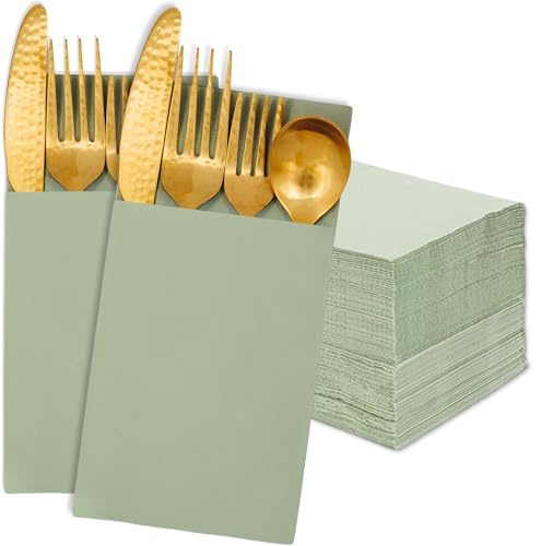 Stxy's Disposable Pocket Napkins – 100ct, 3-Ply Prefolded Dinner Napkins with Flatware Pocket for Silverware Food-Grade Ink – Ideal for Wedding Decor, Baby Showers & Reception Dinners – Sage Green