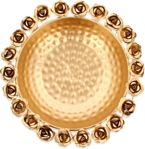 Royal Kurta Handmade Metal Rose Design Urli Decorative Bowl for Floating Flowers and Candles Wedding Engagement Home/Living Room/Temple Showpice Item (Size 12X12 Inches), Gold