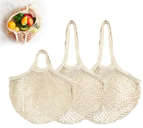 XIAQICA 3 Stück Einkaufstasche Netz Wiederverwendbar Netztasche Reine Baumwolle Einkaufsnetz, Faltbare Netzbeutel für die Aufbewahrung von Obst und Gemüse (Langer + Kurzer Griff)