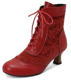 FQMAYPO Mujer Botines Tacón Kitten Estilo Victoriano Cordones Tacones Altos Botas Retro Stiletto Botines Punta Redonda Botines Góticos hasta Pantorrilla Cálidas Trabajo Exterior,Rojo,37 EU