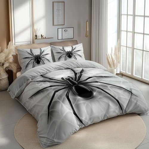 CozyRest 3 Teile Kinder Bettwäsche Set, Wendebettwäsche Mikrofaser, Schwarze Spinne 3D-Effekt Bettbezug, 200 x 200 cm Reversible, Grau / 80 x 80 cm Kissenbezug, Pflegeleicht