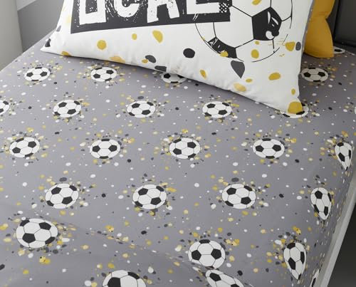 Bedding Bedlam - Sábana Bajera Ajustable para Cama Individual (190 x 90 x 25 cm), Color Gris, para niños, Accesorios de Dormitorio de fútbol, sábana con balón de fútbol