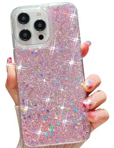 Esakycn for iPhone 16 Plus Case, Glitter Translucent Sparkly Bling Shiny Design for Women Girls Cute Slim Silicone TPU Protective Cover Bumper for iPhone 16 Plus 6.7, Pink