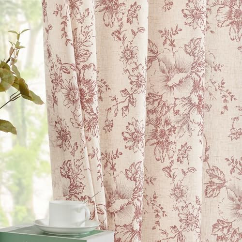Topick Vorhänge aus Leinen-Mischgewebe, Blumenmuster, für Wohnzimmer, 213 cm lang, rot Bedruckt, Stangentasche, Landhaus-Kernrückseite, Bauernhaus, Pfingstrose, gemusterte Vorhänge, Schlafzimmer