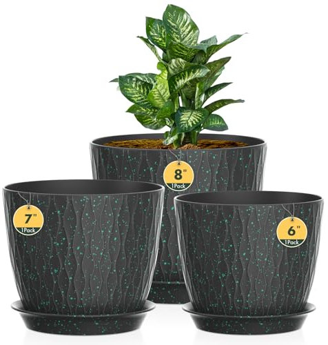 Lot de 3 pots de fleurs avec système d'irrigation, 20,3/17,8/15,2 cm, avec système d'irrigation, cache-pot avec soucoupe, idéal pour l'intérieur et les jardins de balcon, noir à pois verts