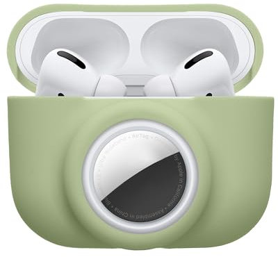 kwmobile Carcasa Compatible con Apple Airpods Pro (1.Gen) y Airtag - Funda de Silicona Antipérdida y Antigolpes con Mosquetón - Verde