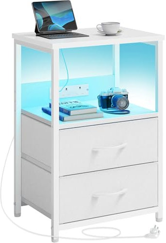 Seventable LED Bedside Table with Charging Station & 2 Storage Drawers - Small Nightstand with Double Plug Adaptor UK & 2 USB - Slim Bedside Cabinet for Bedroom Living Room Sofa Couch (1, White)
