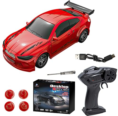 KBIBCK Mini RC Drift Car, 1:64 Ferngesteuertes Auto, 2,4Ghz 4WD Spielzeugauto Drift RC Car mit Licht für Jungen Mädchen und Erwachsene Geschenk, Blau (Rot)
