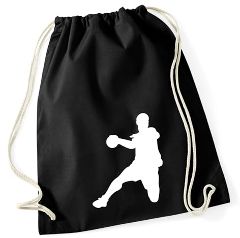 Huuraa Turnbeutel Handball Silhouette Geschenk | Sportbeutel 12 Liter Black Baumwolle Schwarzer Rucksack Geschenkidee Unisex Beutel mit Kordelzug Baumwollbeutel