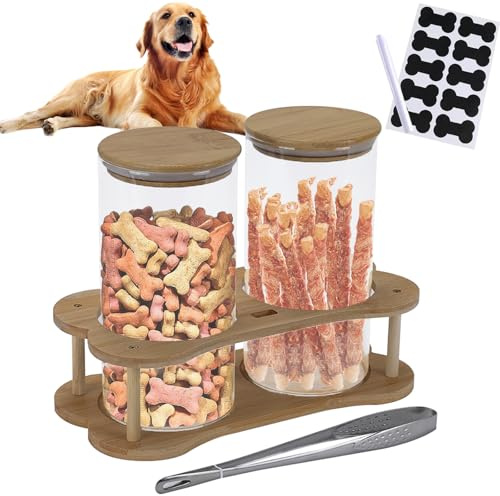 Geyecete dog treat organizer with 2 borosilicate glass Treat Jar with handle & Wooden Pet Treat Container dog treat station dog treat container