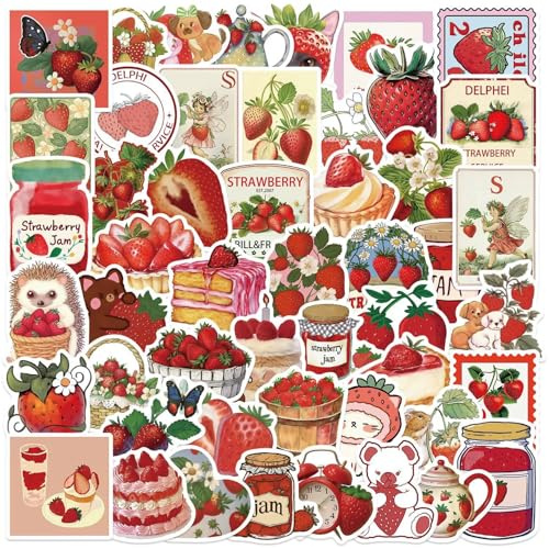 Bric Dodo 50 Stück Strawberry Aufkleber Auto Laptop Telefon Gitarre Skateboard Motorrad Fahrrad Erdbeeren Stickers Set Vinyl Wasserdicht Aesthetic Aufkleber für Jugendliche Kinder Erwachsene